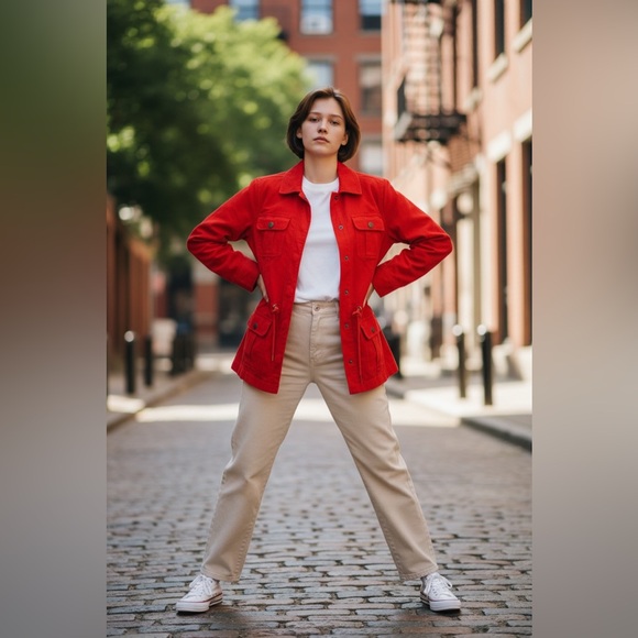 Tommy Hilfiger Bright Red Utility Jacket. Drawstring snap buttons. 4 pockets - Picture 8 of 11